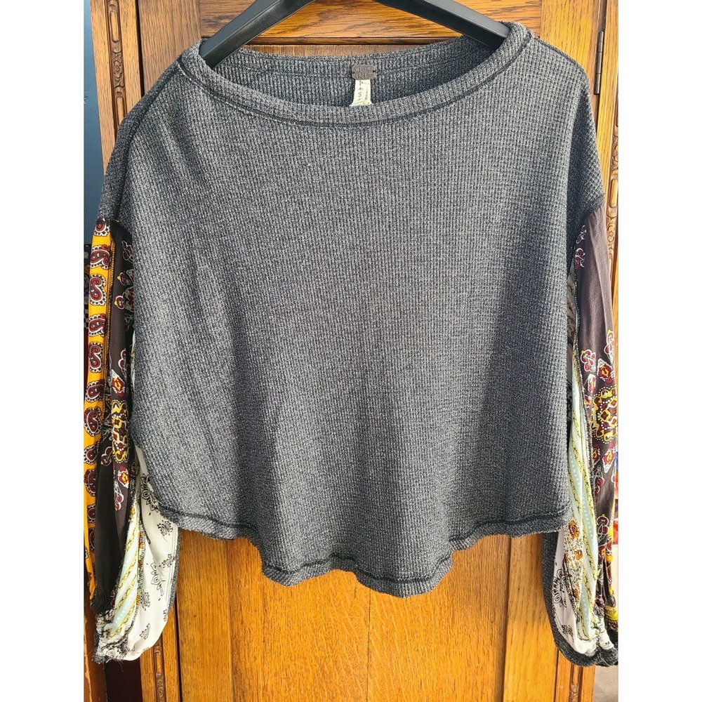 We The Free People Blossom Thermal Patchwork Top Charcoal Gray Boho Petite Small